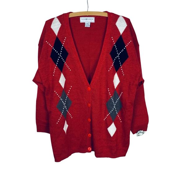 Vintage 90s Maggie Lawrence Red Argyle Oversized Cardigan Pearl Detail Plus 18 - Picture 1 of 6